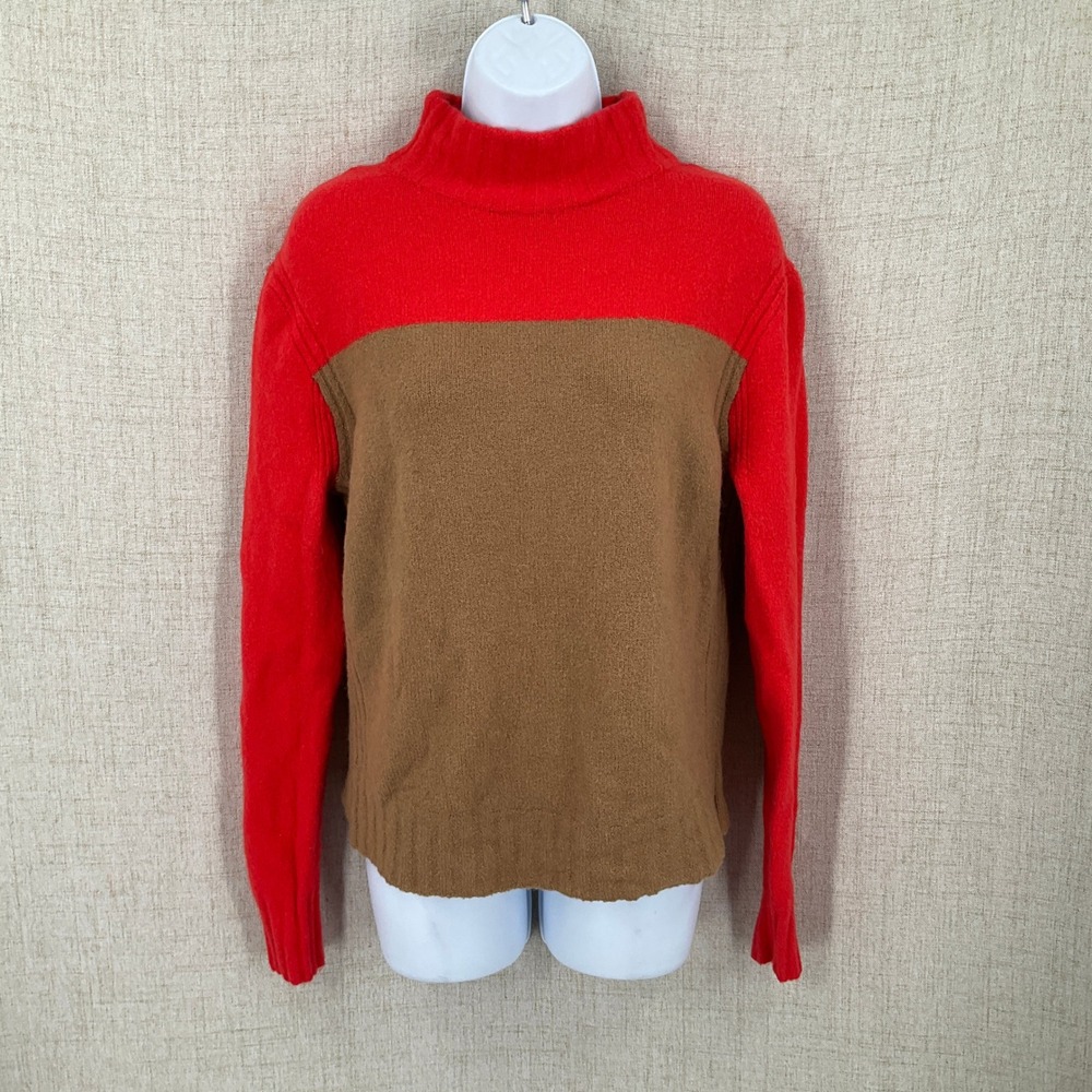 J.Crew Sweater Womens‎ Medium Red Brown Merino Wool Alpaca Mock Neck Colorblock